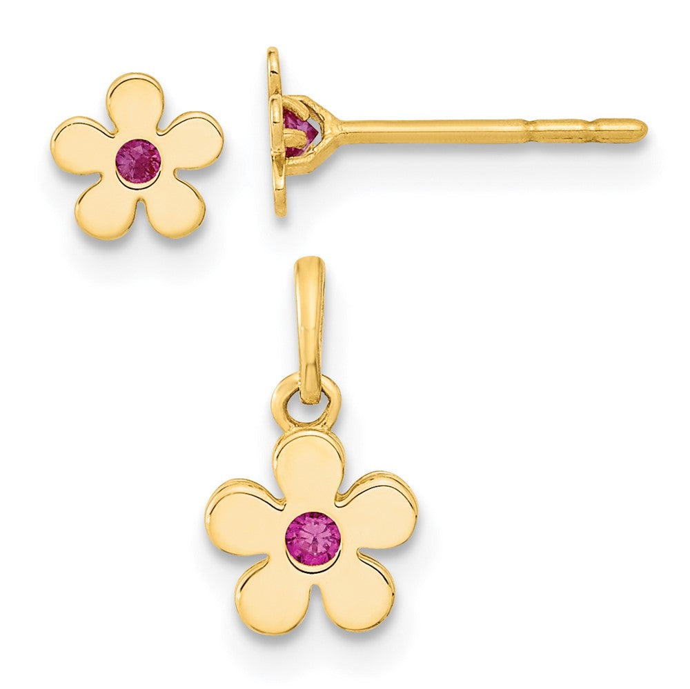 14K Madi K Polished CZ Flower Post Earrings and Flower Pendant Set (0.63 grams)
