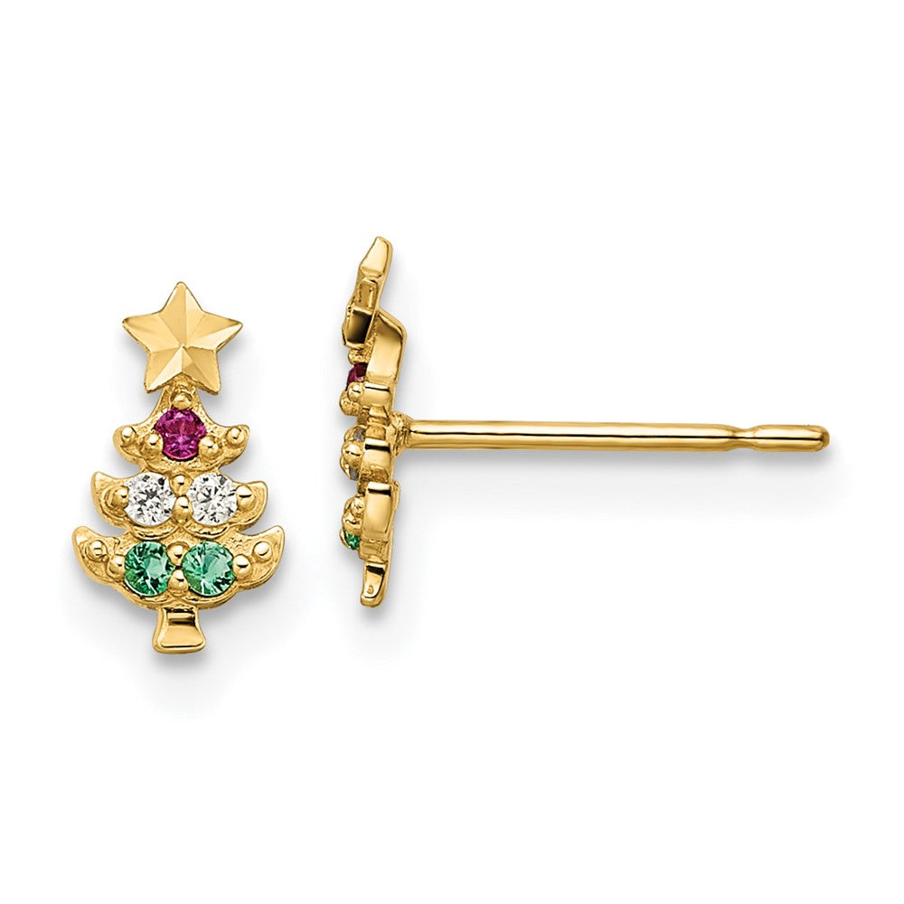 14k Madi K Red & Clear CZ & Green Glass Christmas Tree Post Earrings (0.6 grams)