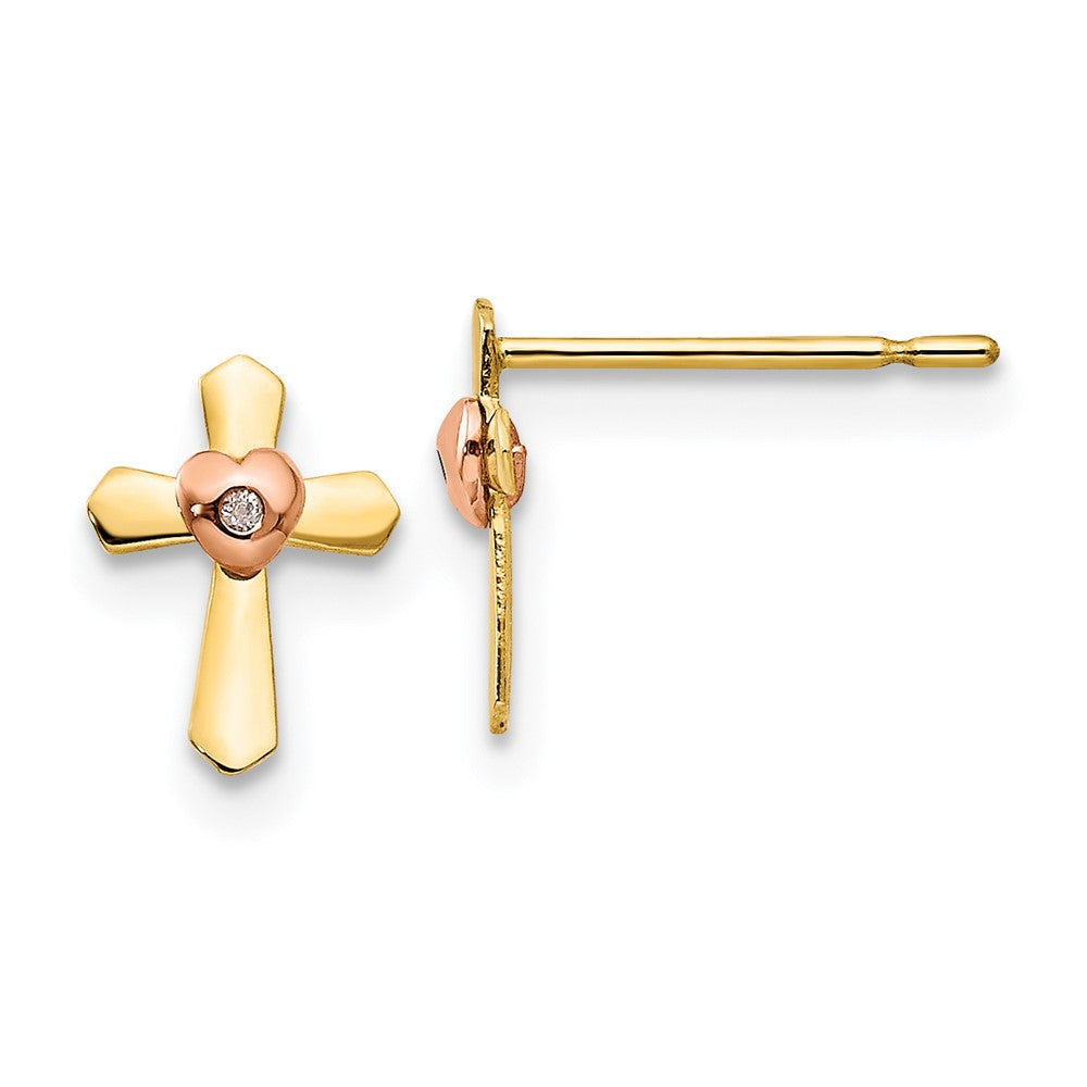 14k Yellow & Rose Gold Madi K Children's Cross Heart Post Earrings (0.28 grams)