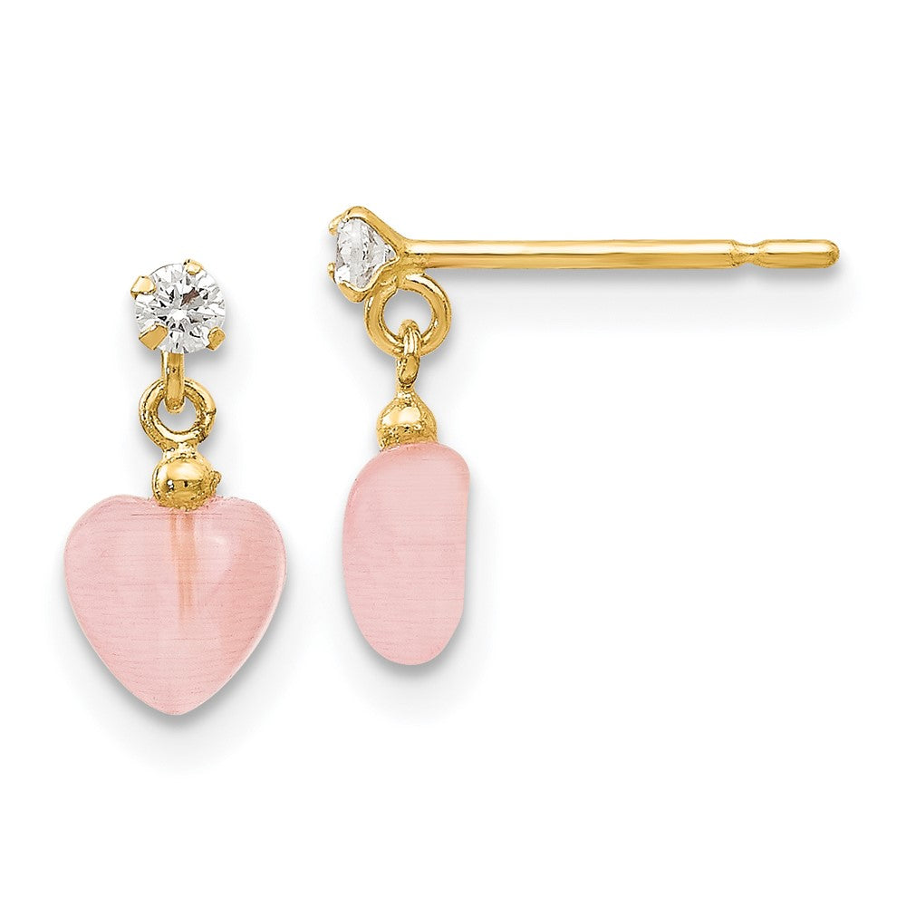 14k Madi K CZ and Pink Cat's Eye Heart Dangle Post Earrings (0.4 grams)