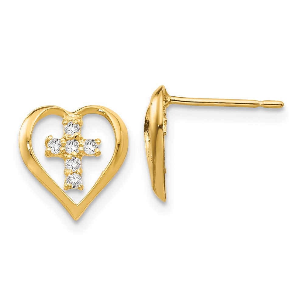 14k Madi K CZ Children's Heart Cross Post Earrings (0.56 grams)