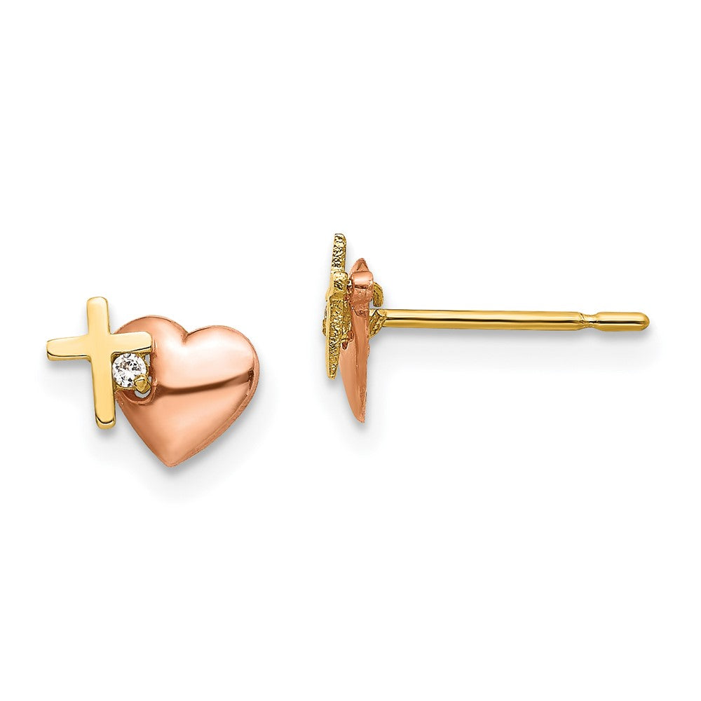 14k Yellow & Rose Gold Madi K CZ Heart and Cross Post Earrings (0.41 grams)