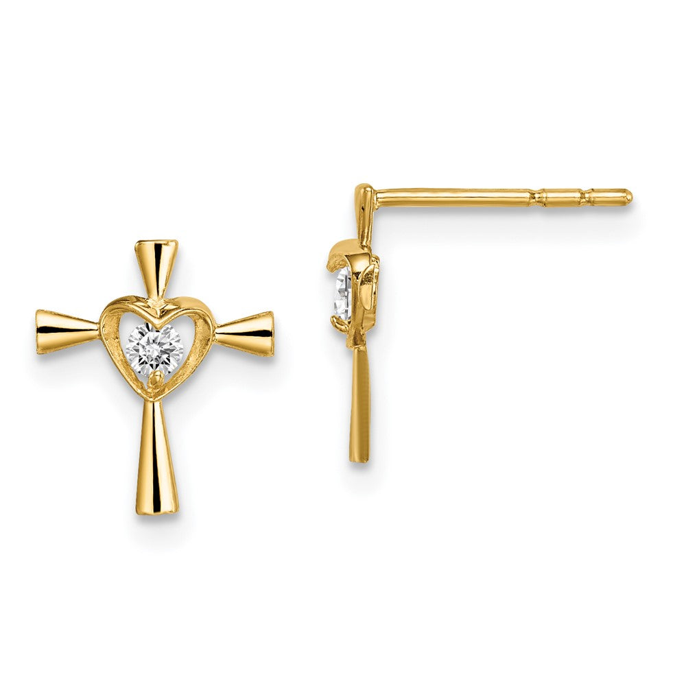 14k Madi K CZ Cross with Heart Post Earrings (0.45 grams)