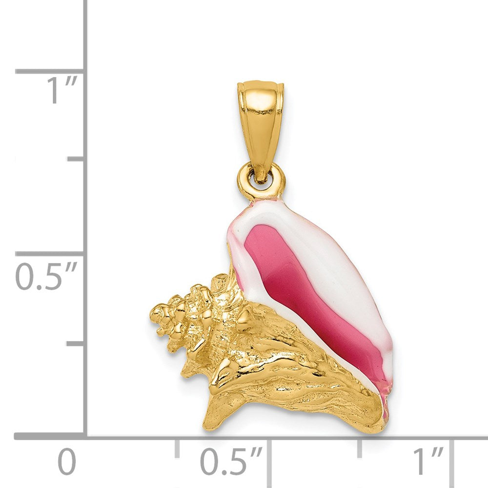 14k Yellow Gold 16 mm Polished 3-D Pink and White Enameled Conch Shell Pendant (5.35 grams)