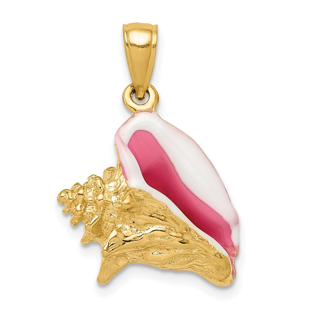 14k Yellow Gold 16 mm Polished 3-D Pink and White Enameled Conch Shell Pendant (5.35 grams)