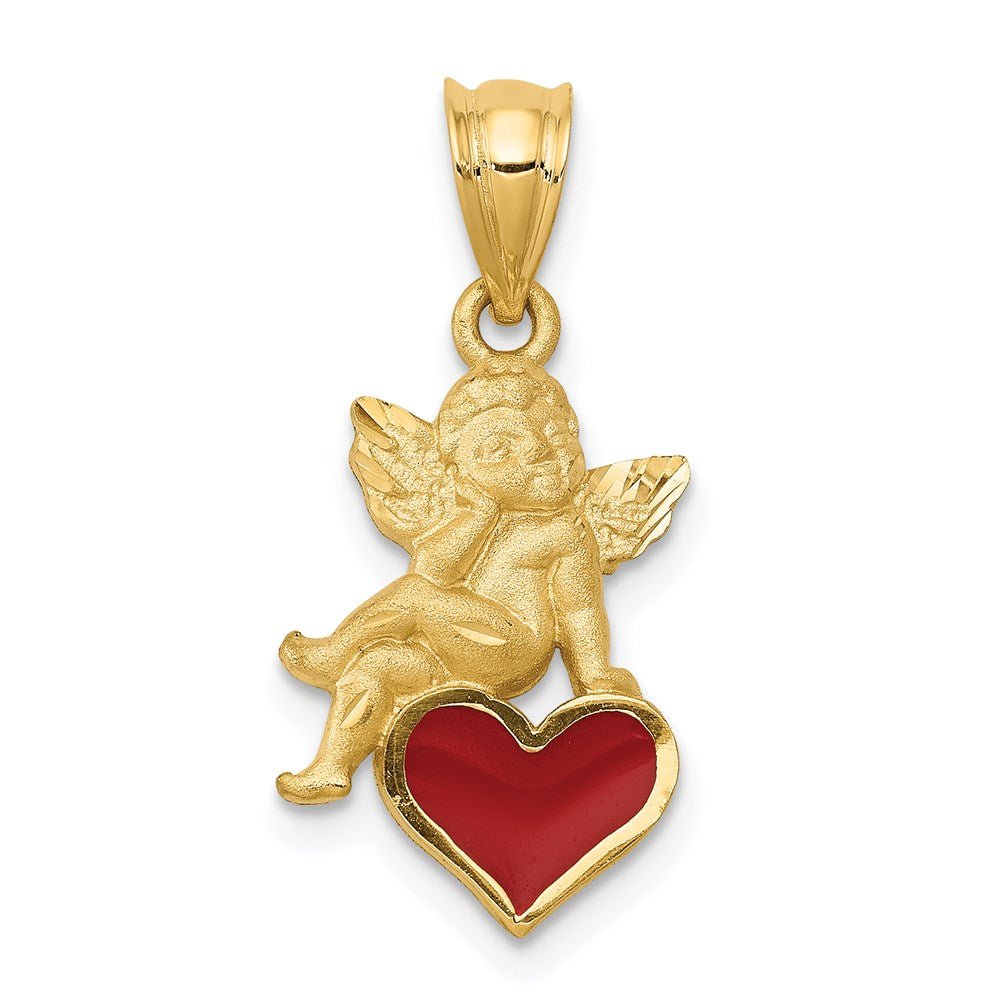14k Yellow Gold 12 mm Enameled Angel on Heart Pendant