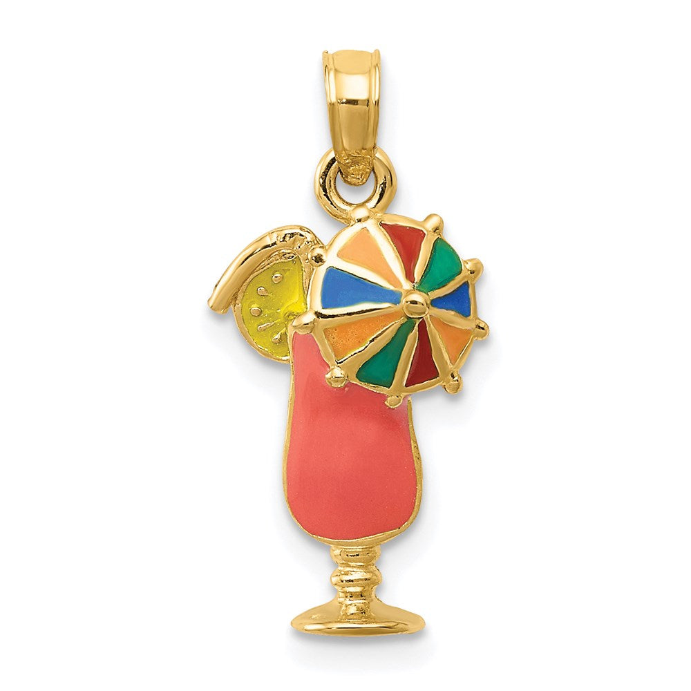 14k Yellow Gold 10 mm Pink Enameled Tropical Drink Pendant (1.31 grams)