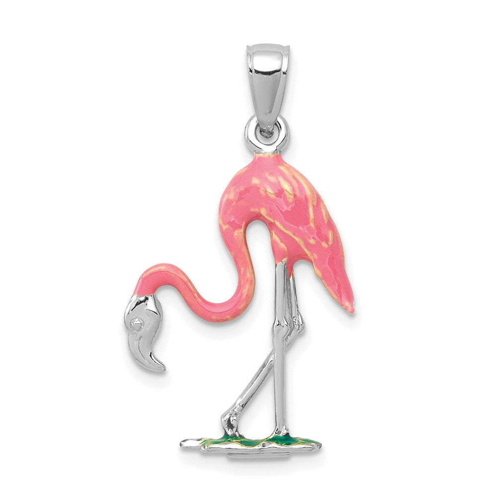 14k White Gold 17 mm  Enameled 3-D Pink Flamingo Pendant