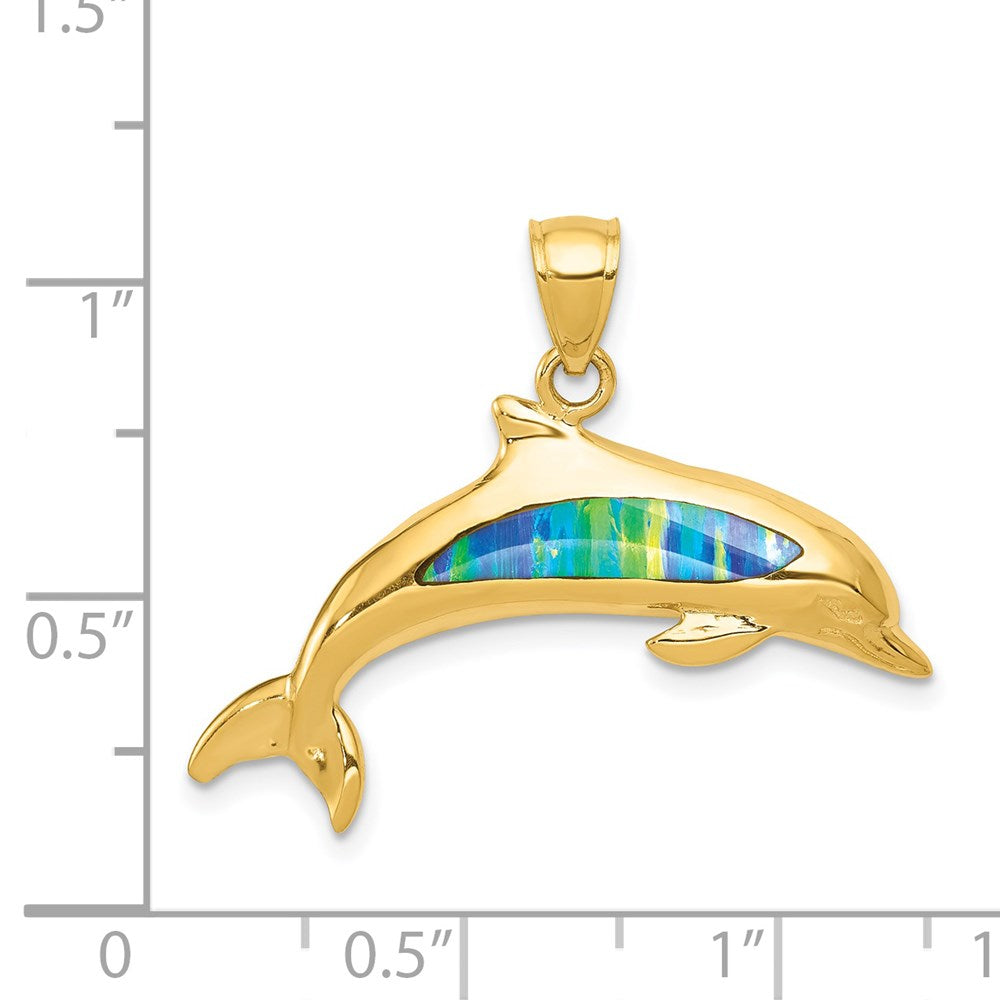 14k Yellow Gold 27 mm Lab Created Opal Dolphin Pendant (2.58 grams)