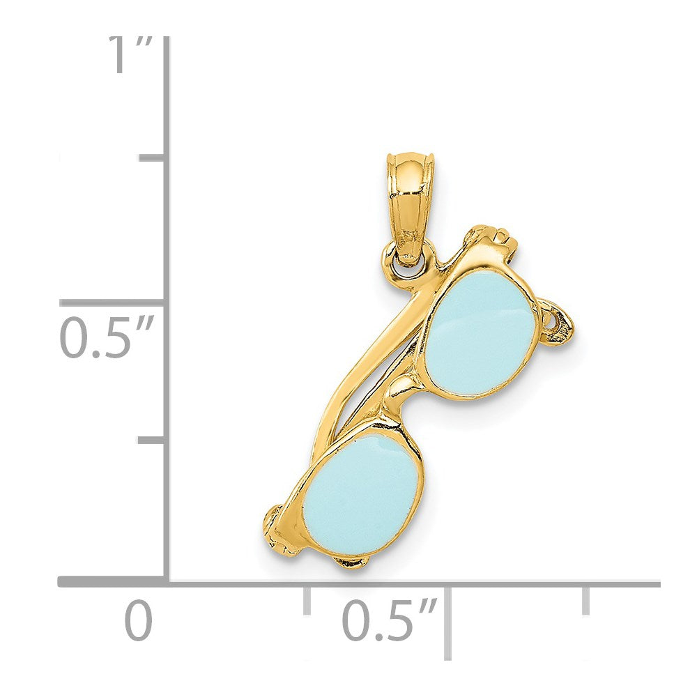 14k Yellow Gold 15 mm 3D Aqua Enameled Sunglasses Pendant (1.22 grams)