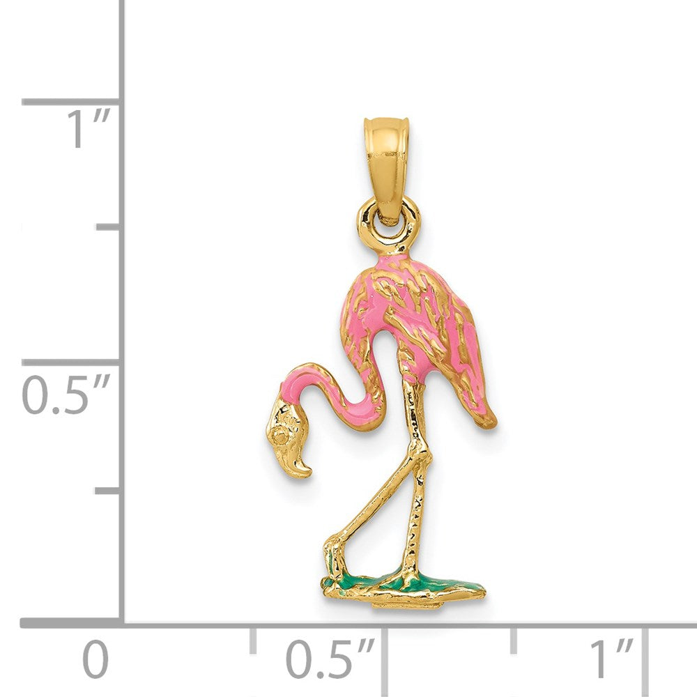 14k Yellow Gold 11 mm Enameled Flamingo Pendant (1.26 grams)