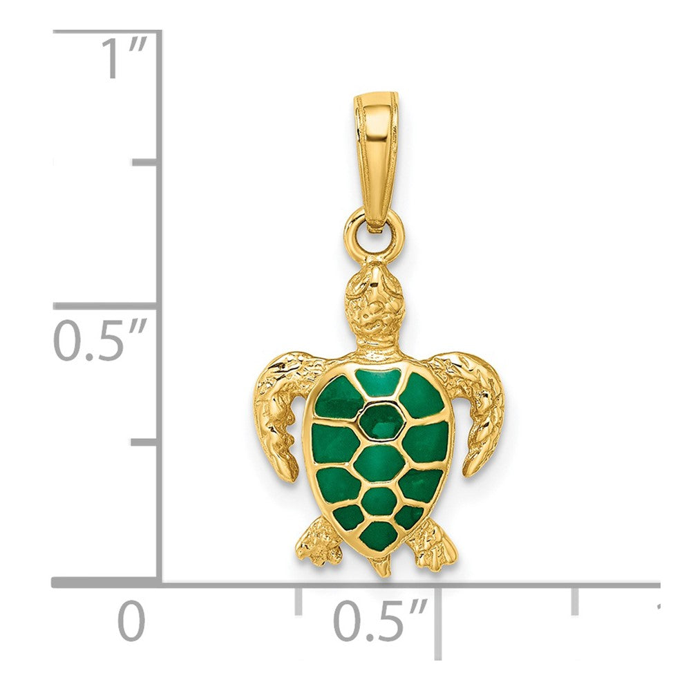 14k Yellow Gold 13 mm Green Enameled Sea Turtle Pendant (1.57 grams)