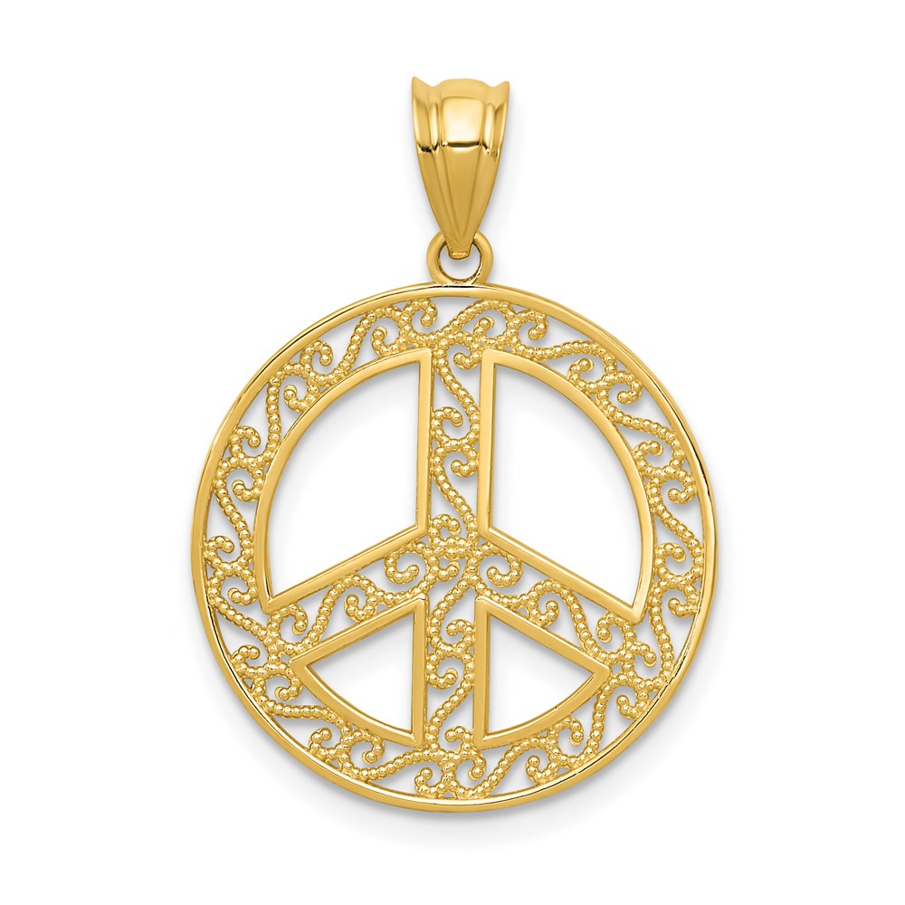 14k Yellow Gold 20 mm Filigree Peace Sign Pendant (1.12 grams)