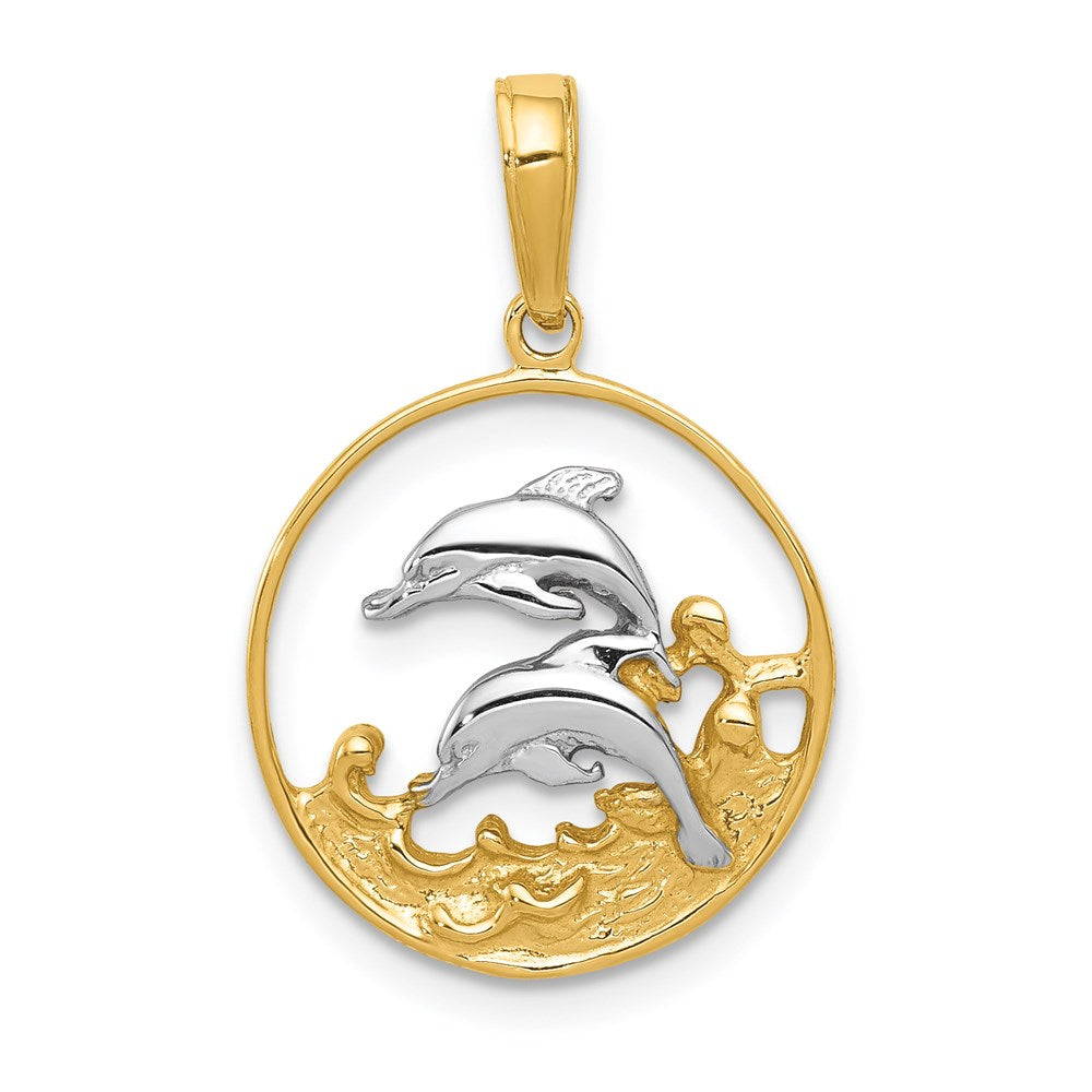 14k Yellow & Rhodium 15 mm  Double Dolphins In Circle Pendant (1.35 grams)