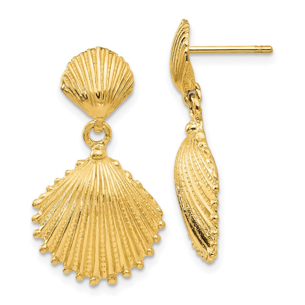 14k Yellow Gold 15 mm Scallop Shell Dangle Post Earrings (3.96 grams)