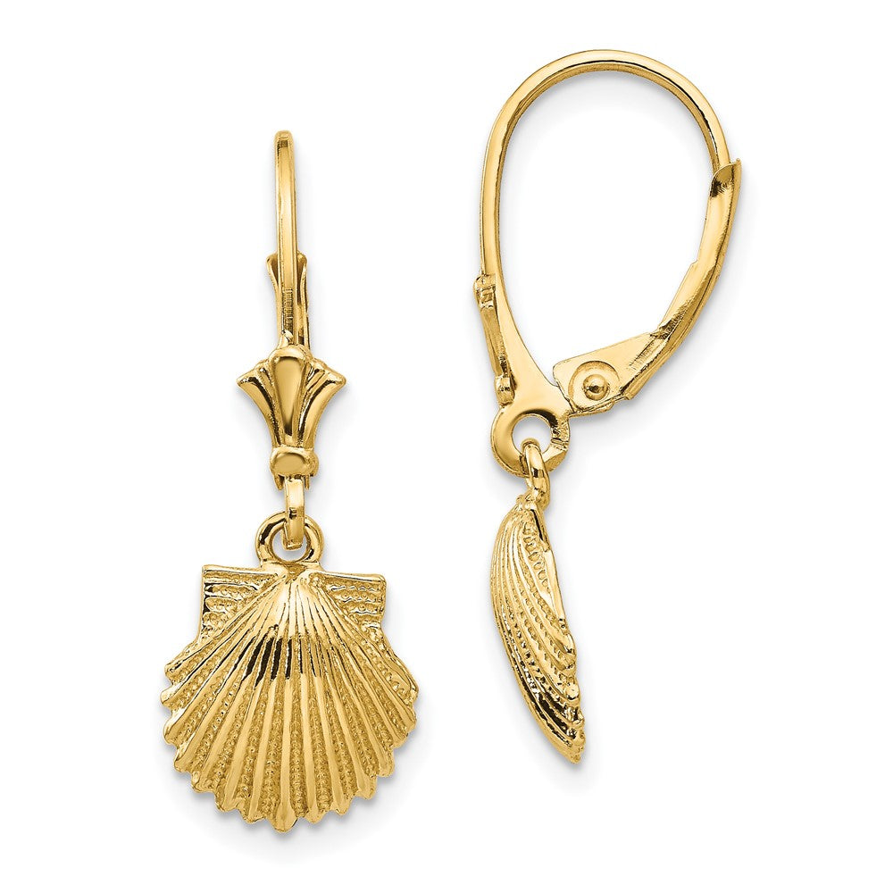 14k Yellow Gold 10 mm Scallop Shell Leverback Earrings (1.95 grams)