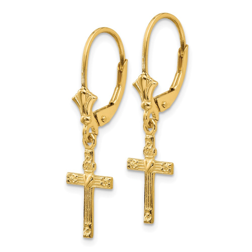 14k Yellow Gold 9 mm Mini Cross with Heart Leverback Earrings (1.15 grams)