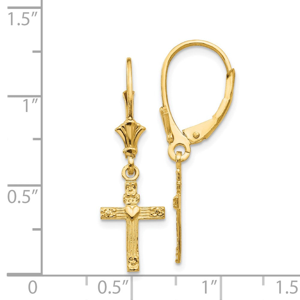 14k Yellow Gold 9 mm Mini Cross with Heart Leverback Earrings (1.15 grams)