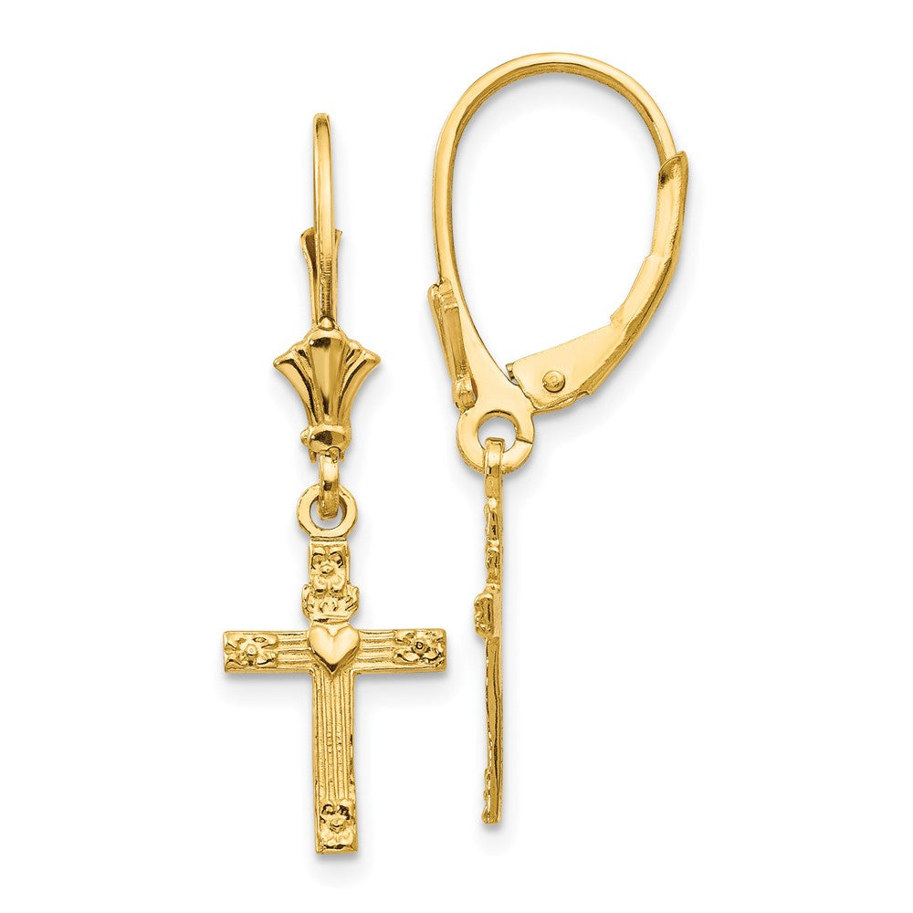 14k Yellow Gold 9 mm Mini Cross with Heart Leverback Earrings (1.15 grams)