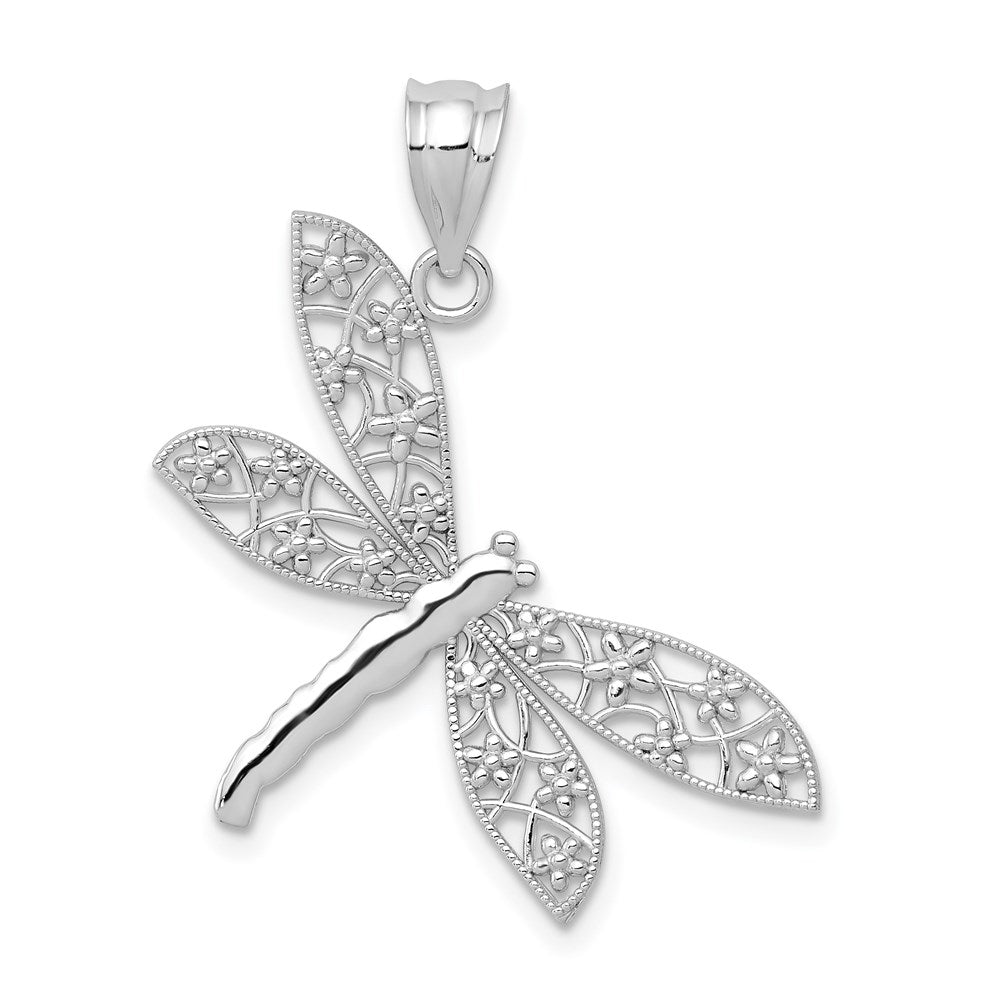 14k White Gold 26 mm Diamond-cut Dragonfly Pendant (1.11 grams)