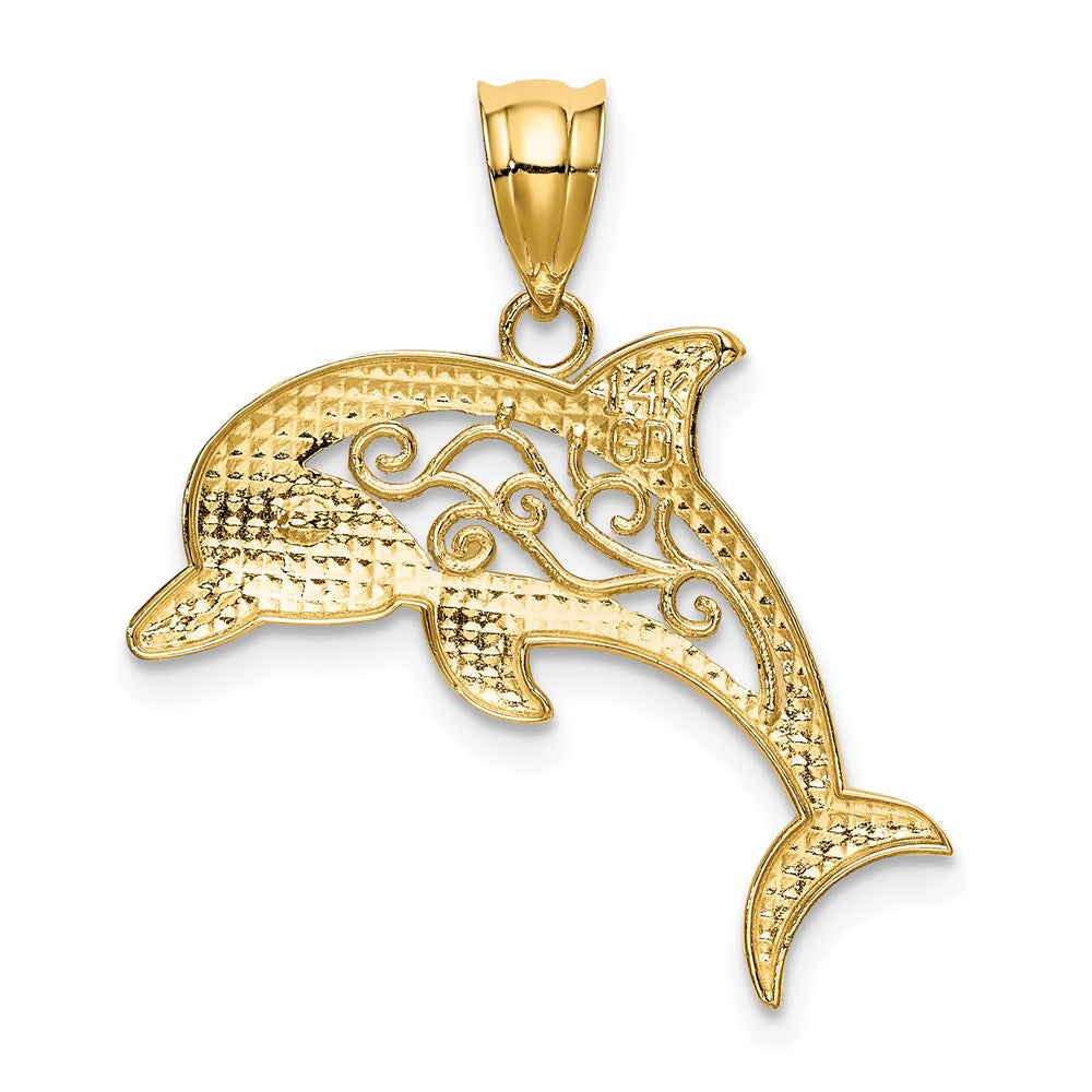 14k Yellow Gold 23 mm Filigree Dolphin Pendant (0.96 grams)