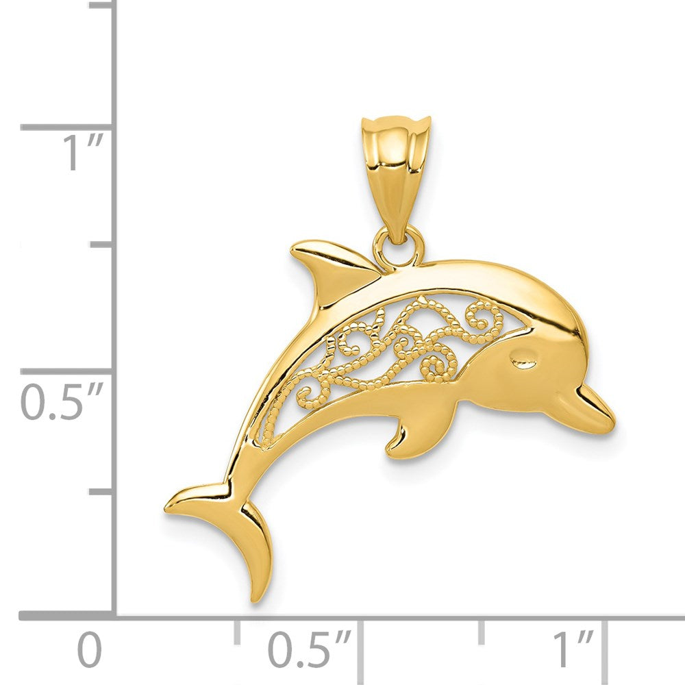 14k Yellow Gold 23 mm Filigree Dolphin Pendant (0.96 grams)