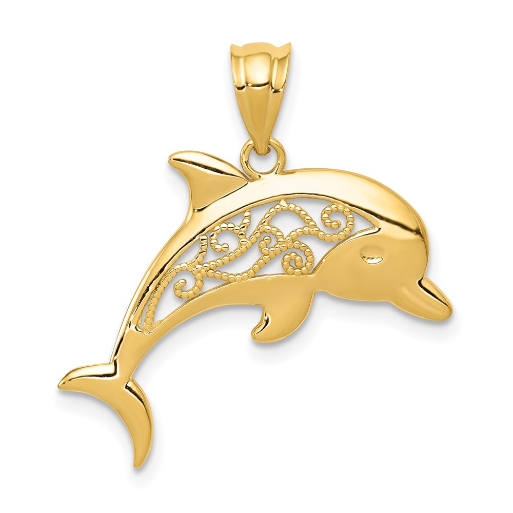 14k Yellow Gold 23 mm Filigree Dolphin Pendant (0.96 grams)