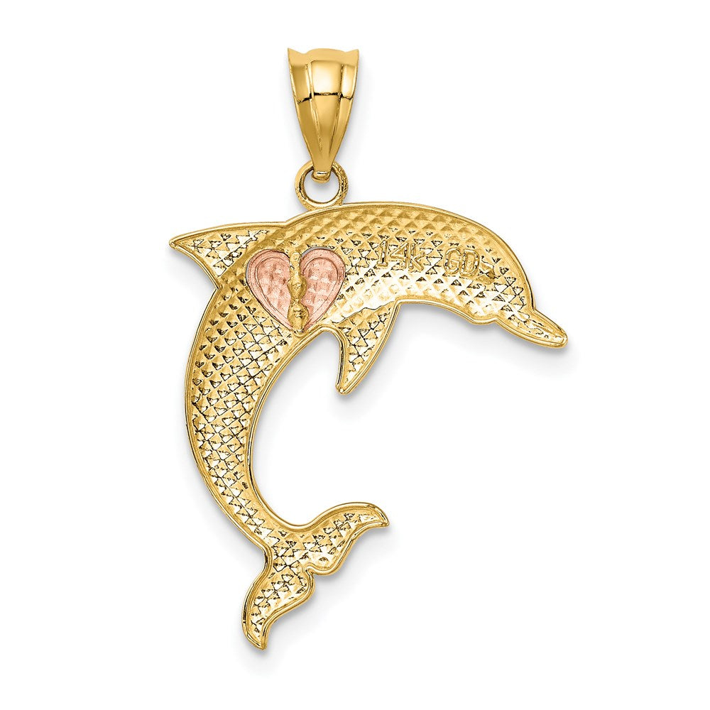 14k Two-tone 23 mm Two Tone Dolphin w/Heart Pendant (1.07 grams)