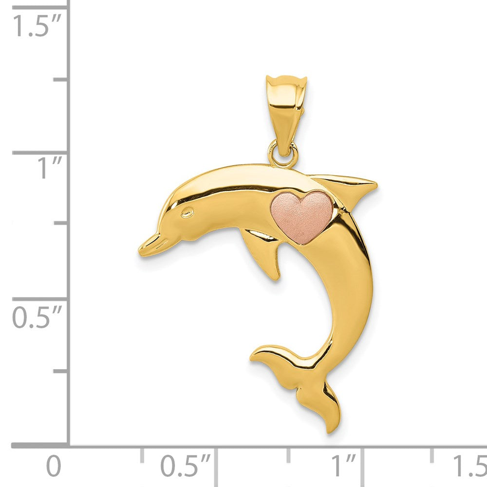 14k Two-tone 23 mm Two Tone Dolphin w/Heart Pendant (1.07 grams)