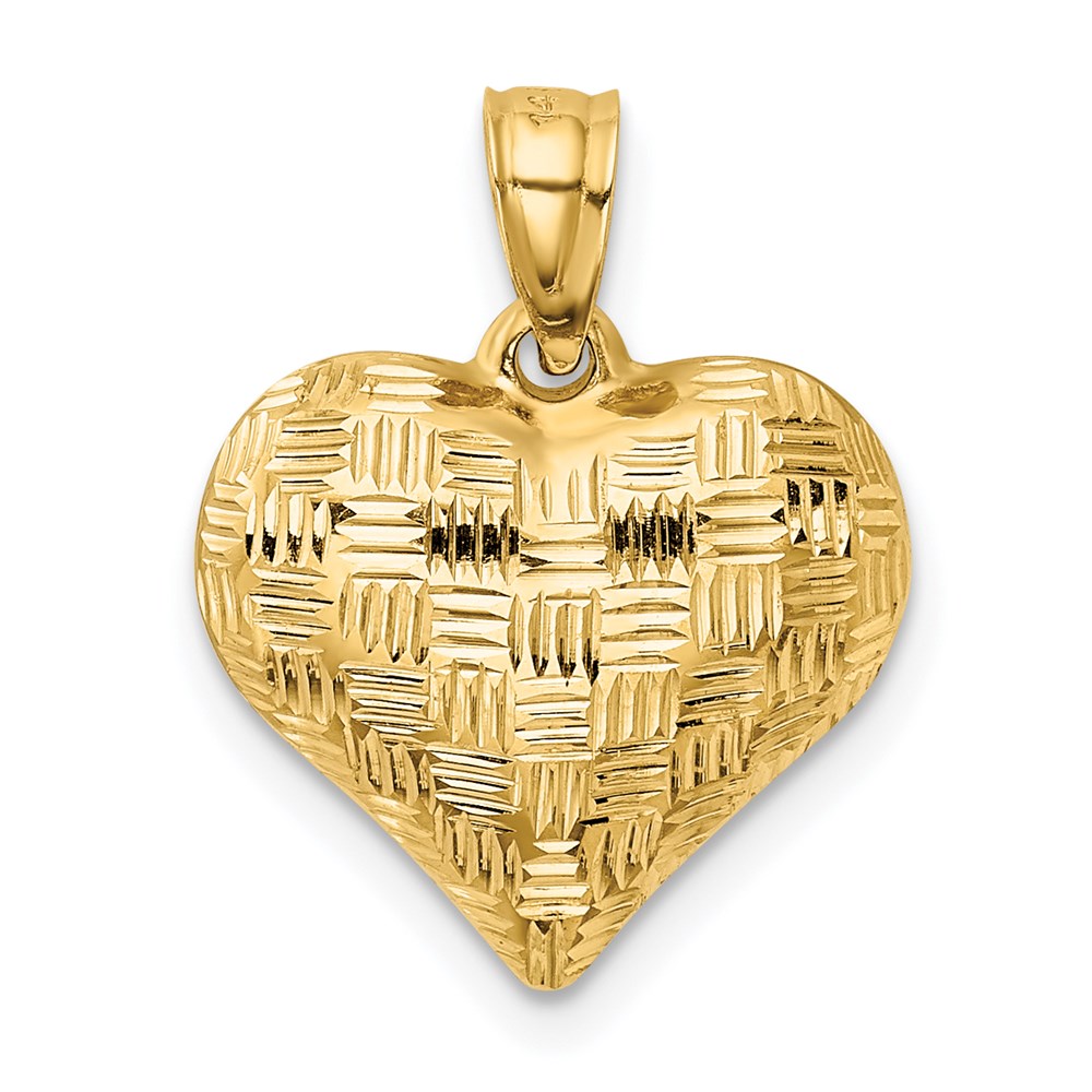 14K Polished Basket Weave Pattern 3-D Puffed Heart Pendant (0.73 grams)