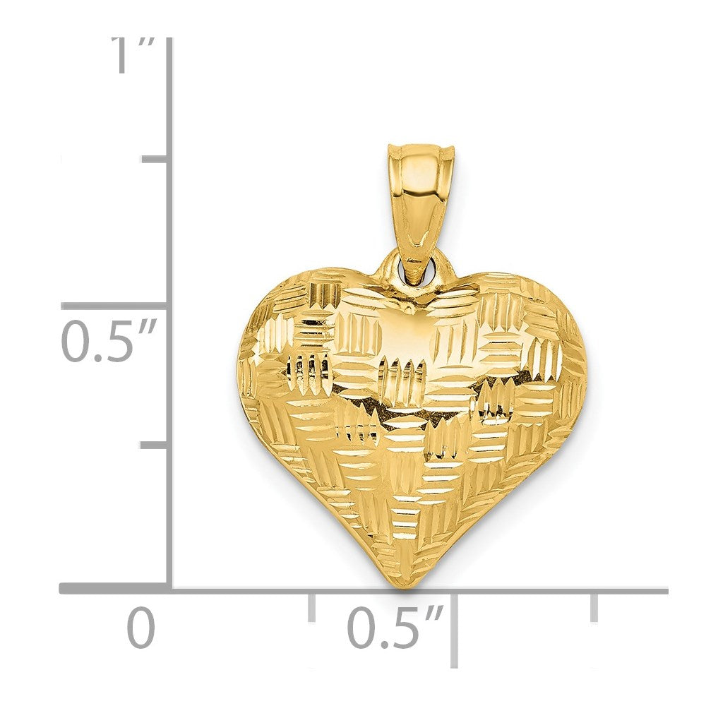 14K Polished Basket Weave Pattern 3-D Puffed Heart Pendant (0.73 grams)