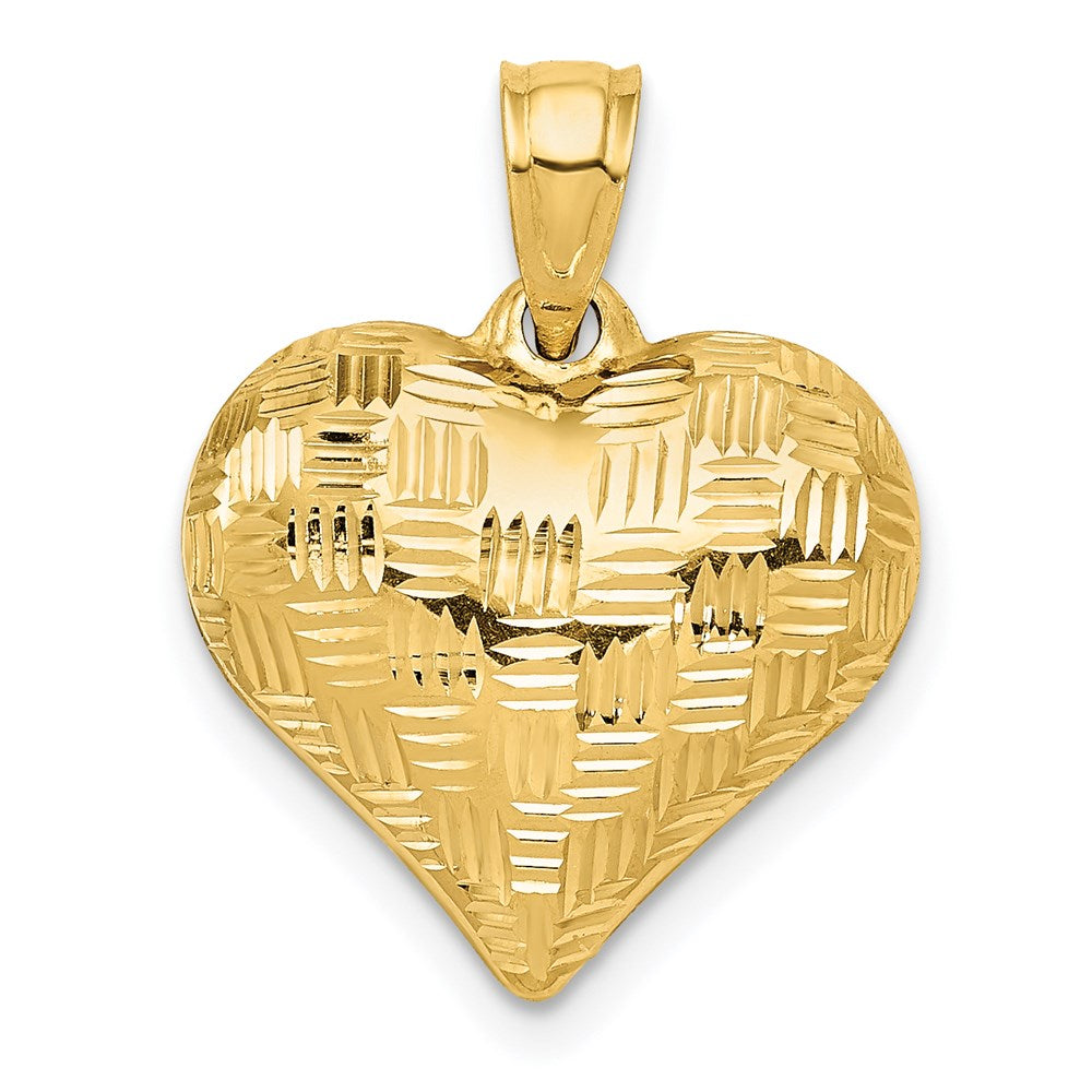 14K Polished Basket Weave Pattern 3-D Puffed Heart Pendant (0.73 grams)