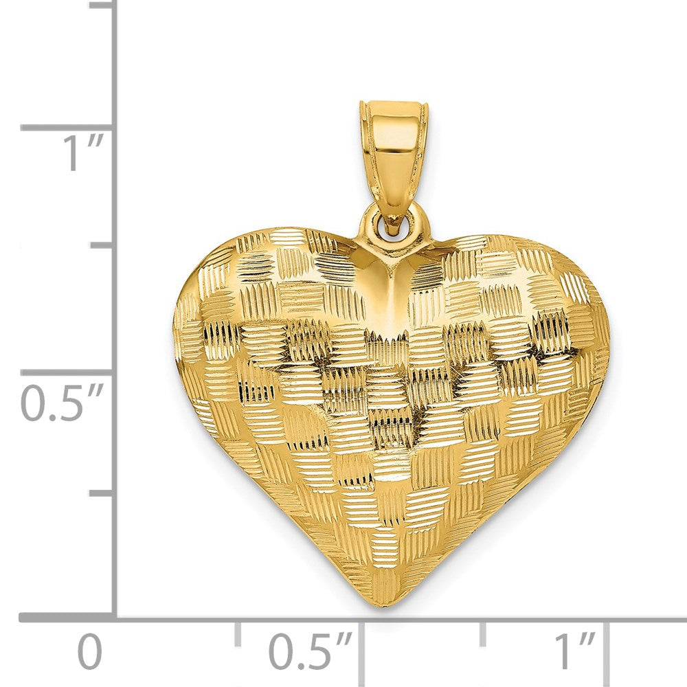 14K Polished Basket Weave Pattern 3-D Puffed Heart Pendant (1.27 grams)