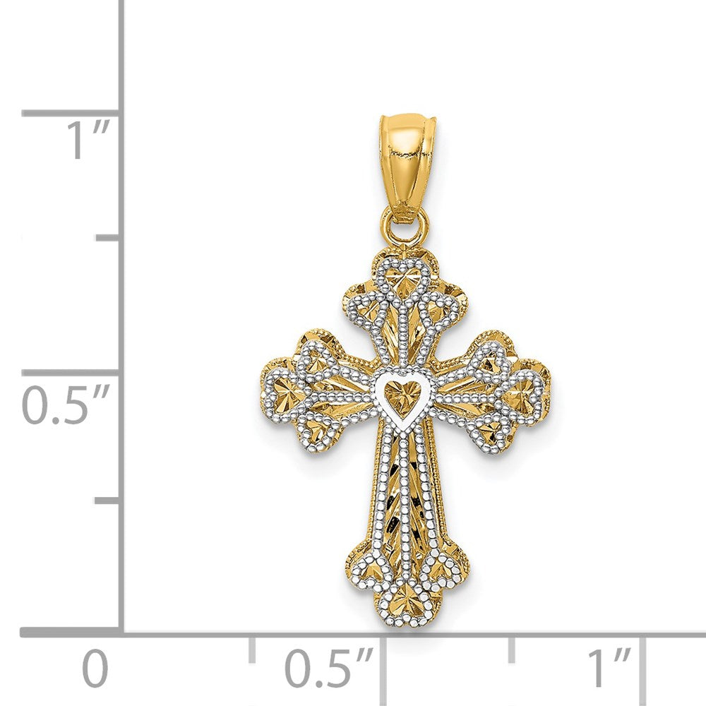14k Two-tone 15 mm Two-tone Polished Filigree 2 Level Heart Cross Pendant (1.34 grams)