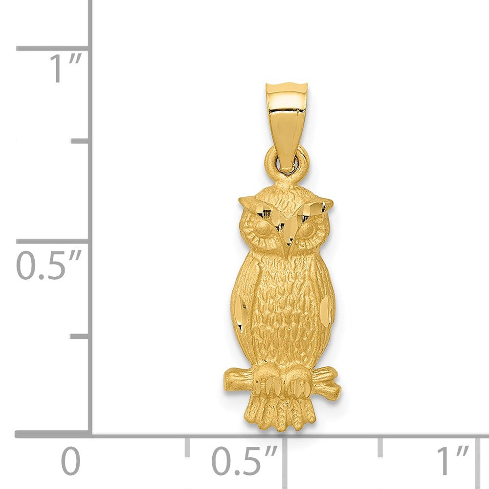 14k Yellow Gold 8.1 mm Satin Diamond-cut Owl Pendant (1.13 grams)