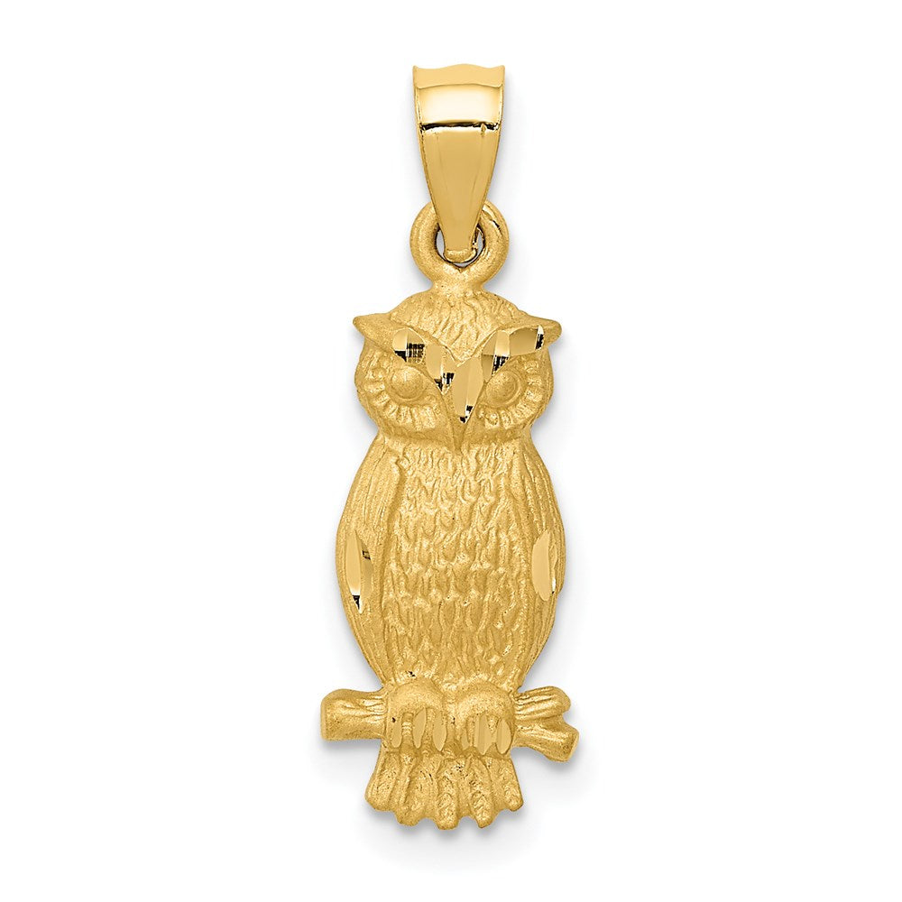 14k Yellow Gold 8.1 mm Satin Diamond-cut Owl Pendant (1.13 grams)