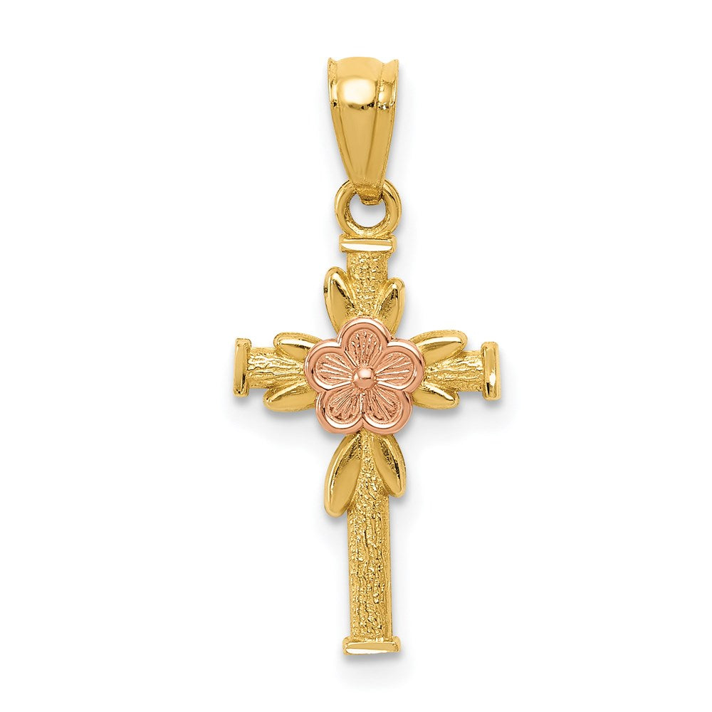 14k Two-tone 10.5 mm Two-tone Polished D/C Cross w/Flower Pendant (0.59 grams)