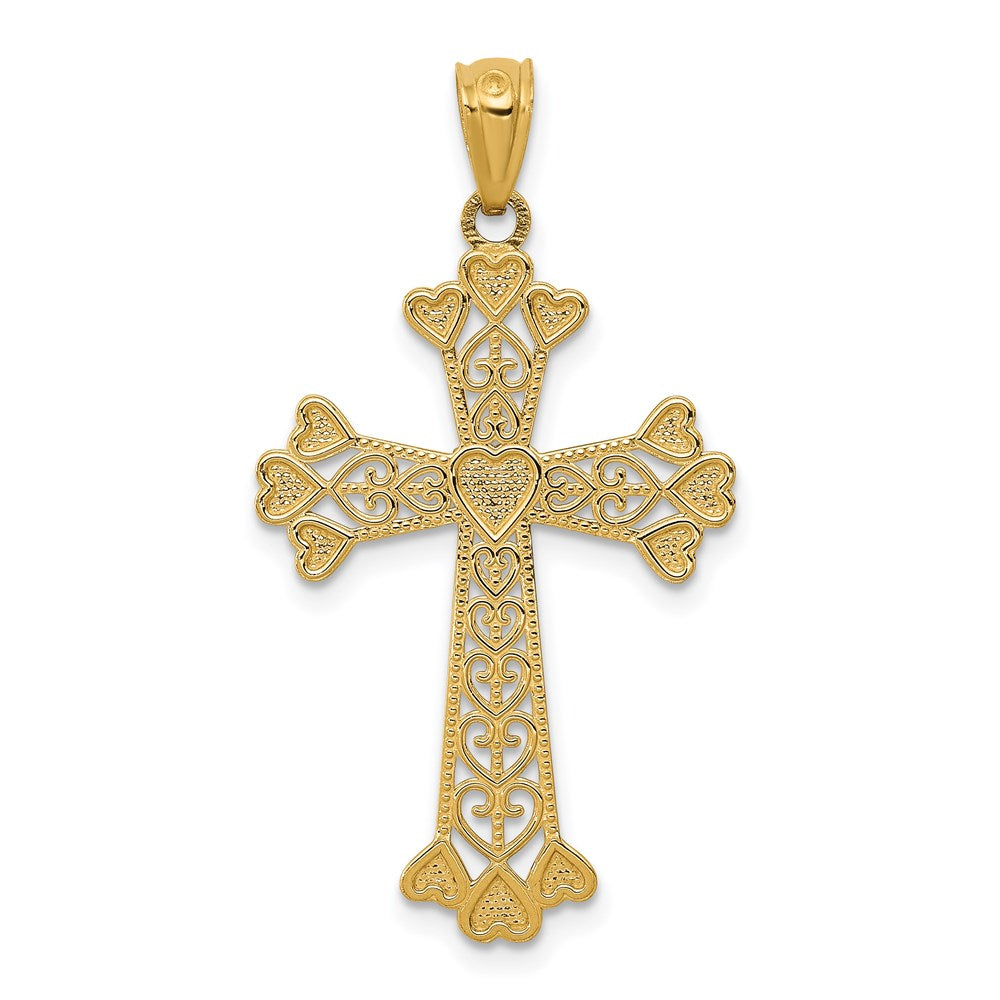 14k Yellow Gold 17.76 mm Diamond-cut Polished Filigree Hearts Cross Pendant (0.92 grams)