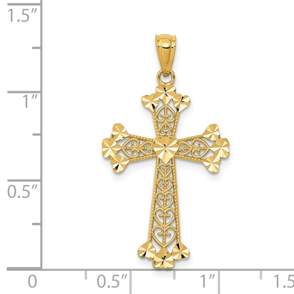 14k Yellow Gold 17.76 mm Diamond-cut Polished Filigree Hearts Cross Pendant (0.92 grams)