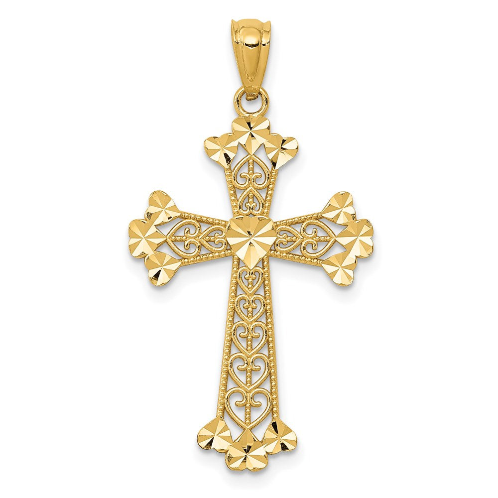14k Yellow Gold 17.76 mm Diamond-cut Polished Filigree Hearts Cross Pendant (0.92 grams)