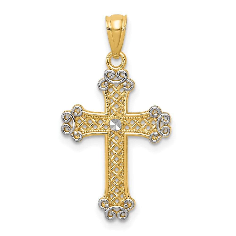 14k Yellow & Rhodium 14.72 mm  Diamond-cut Filigree Cross Pendant (0.96 grams)