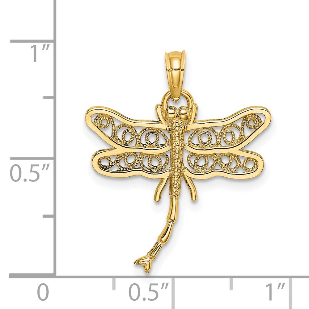 14k Yellow Gold 21.3 mm Dragonfly w/Beaded Filigree Wings Charm (1.02 grams)