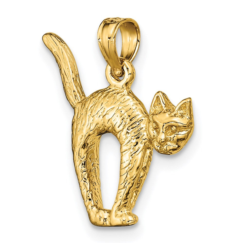 14k Yellow Gold 18.3 mm 3-D Textured Arch Back and Raised Tail Cat Charm (2.35 grams)