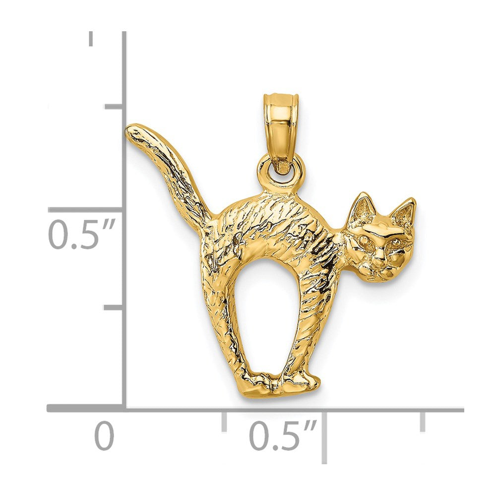 14k Yellow Gold 18.3 mm 3-D Textured Arch Back and Raised Tail Cat Charm (2.35 grams)