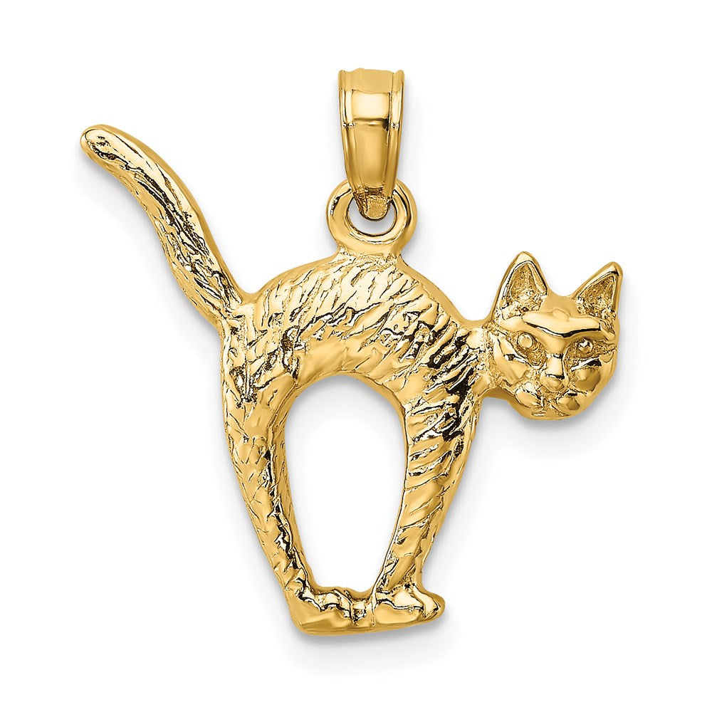 14k Yellow Gold 18.3 mm 3-D Textured Arch Back and Raised Tail Cat Charm (2.35 grams)