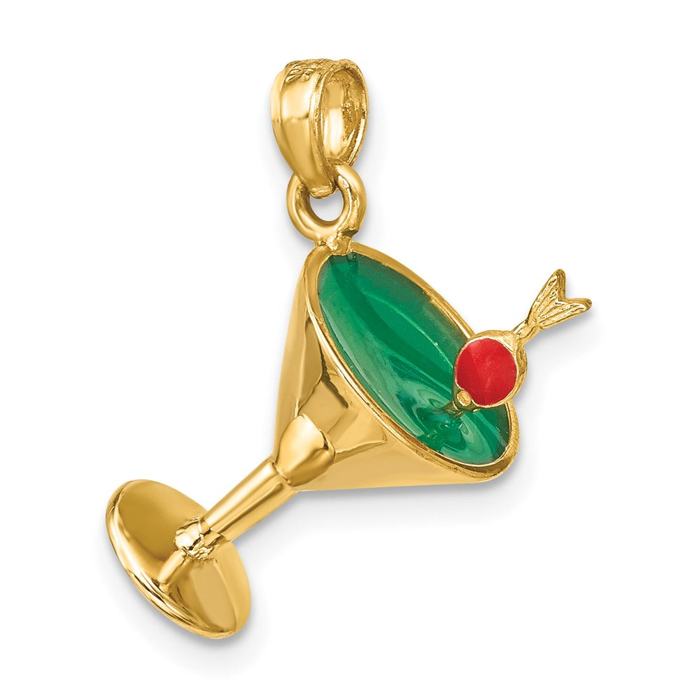 14k Yellow Gold 10.11 mm 3-D Green Enamel Martini w/Cherry Charm (2.32 grams)