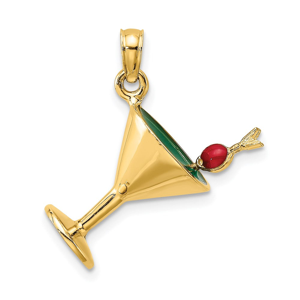 14k Yellow Gold 10.11 mm 3-D Green Enamel Martini w/Cherry Charm (2.32 grams)