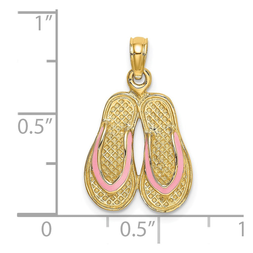14k Yellow Gold 14.8 mm 3D W/ Pink Enamel Double Flip-Flop Charm (2.62 grams)