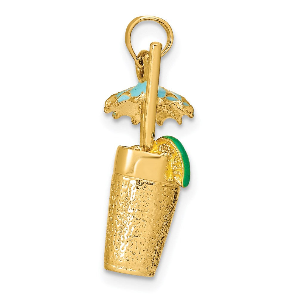 14k Yellow Gold 6.6 mm 3-D Cocktail Drink w/ Enamel Umbrella and Lime Charm (3.9 grams)