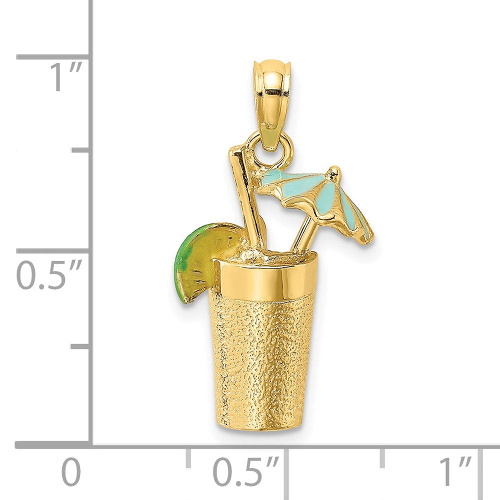 14k Yellow Gold 6.6 mm 3-D Cocktail Drink w/ Enamel Umbrella and Lime Charm (3.9 grams)